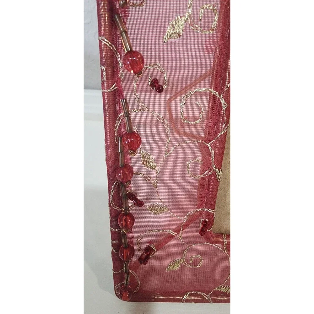 Holds 4x6 Picture Frame Red Mesh Fabric Gold Wire Beaded Accents Boho